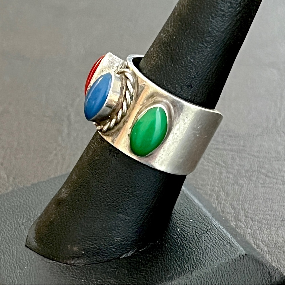 Vintage Taxco Mexico sterling silver multi stone chunky ring - Picture 4 of 11